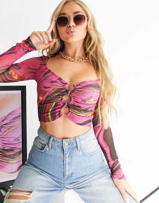 ASOS DESIGN - Langærmet top med dyb rund hals og ringdetaljer samt forvrænget marmormønster