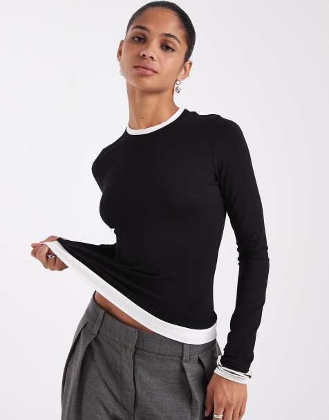 ASOS DESIGN langærmet top med rund hals og dobbeltlag i slinky i sort og hvid - view 1