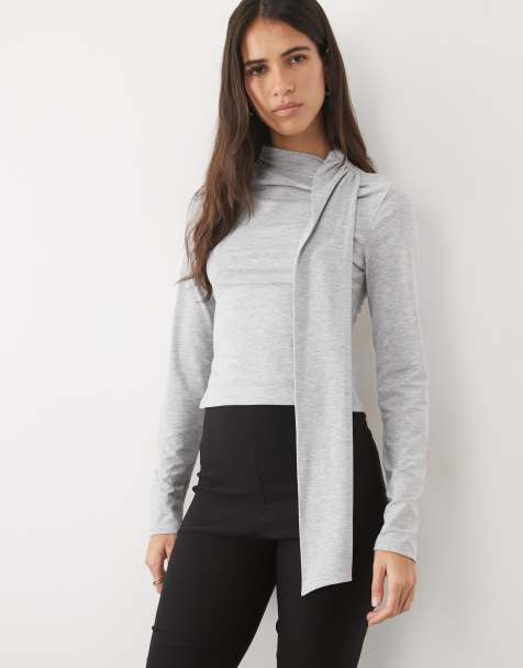 ASOS DESIGN langærmet top med tørklædedetalje i grå - view 1