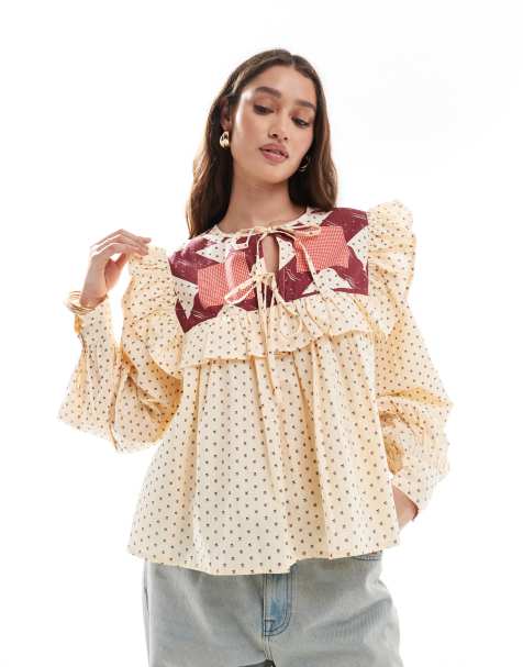 ASOS DESIGN - Langærmet top med vatteret detalje og bindebånd foran - view 1