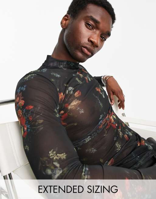 ASOS DESIGN - Langærmet tætsiddende t-shirt med blomsterprint og rullekrave i sort mesh