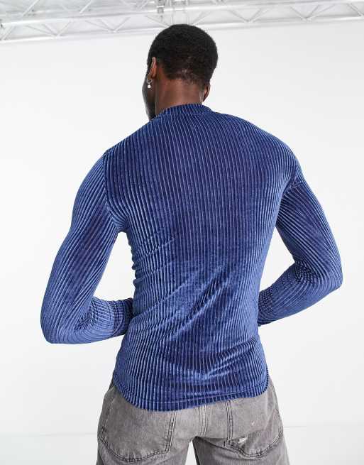 ASOS DESIGN - Langærmet tætsiddende T-shirt med rullekrave i sort og blå velour, 2 af 4