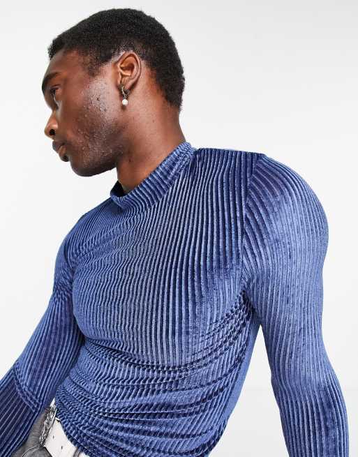 ASOS DESIGN - Langærmet tætsiddende T-shirt med rullekrave i sort og blå velour, 4 af 4