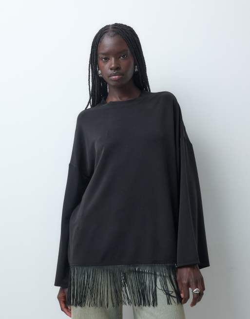 ASOS DESIGN langærmet vasket T-shirt med frynsekant i sort, 2 af 5