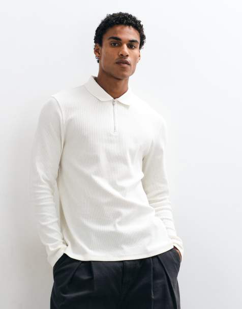 ASOS DESIGN langærmet zip-polo i cremefarvet waffle - view 1