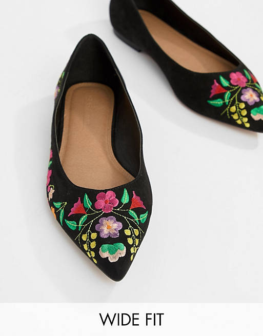 ASOS DESIGN Lantana Wide Fit Embroidered Pointed Ballet Flats