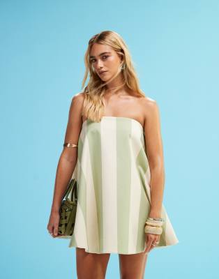 ASOS DESIGN - Lantern - Gestreiftes Minikleid in Salbeigrün und Weiß-Bunt