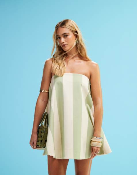 ASOS DESIGN lantern mini dress in sage and white stripe - view 1