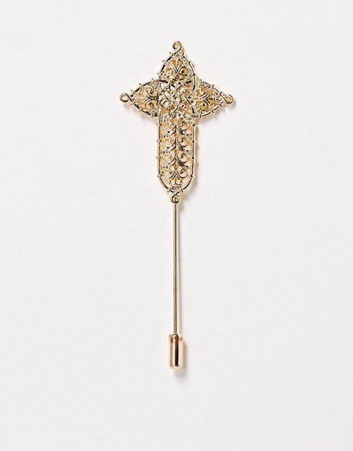 ASOS DESIGN lapel pin with detailed cross in shiny gold tone