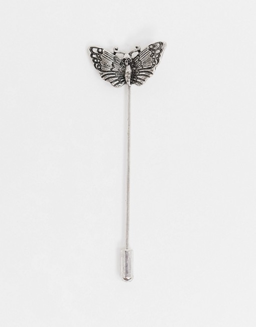 ASOS DESIGN lapel pin with moth in burnished silver tone