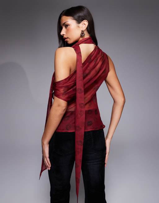 ASOS DESIGN – Läppstiftsmönstrat linne med sjal i chiffong, 2 av 4