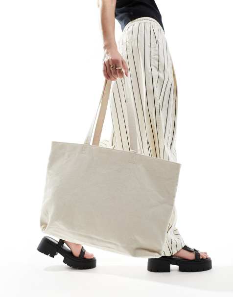 ASOS DESIGN laptop compartment canvas tote bag in natural - NUDE