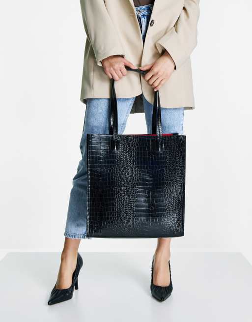 Black Leather-Look Embossed Logo Tote Bag