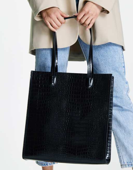 Black Leather-Look Embossed Logo Tote Bag