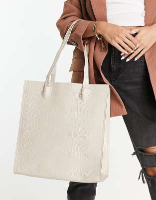 ASOS DESIGN laptop compartment tote bag in cream croc