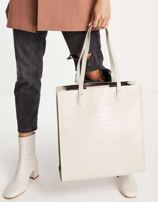 ASOS DESIGN laptop compartment tote bag in cream croc