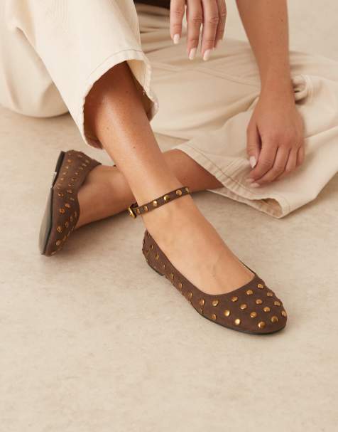 ASOS DESIGN Lara round toe studded ballets in brown suedette - view 1