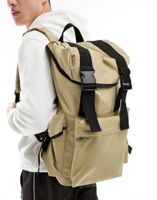 ASOS DESIGN large backpack bag with cargo pockets and black trim in stone