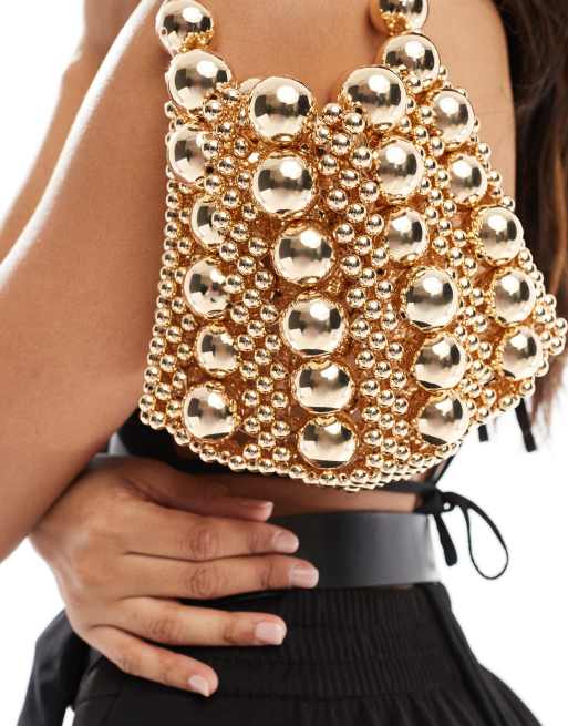 ASOS DESIGN large beaded top handle purse in gold, 4 of 4