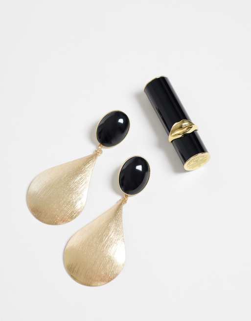 ASOS DESIGN large black stone stud earrings with pendant in brushed gold tone, 2 of 4