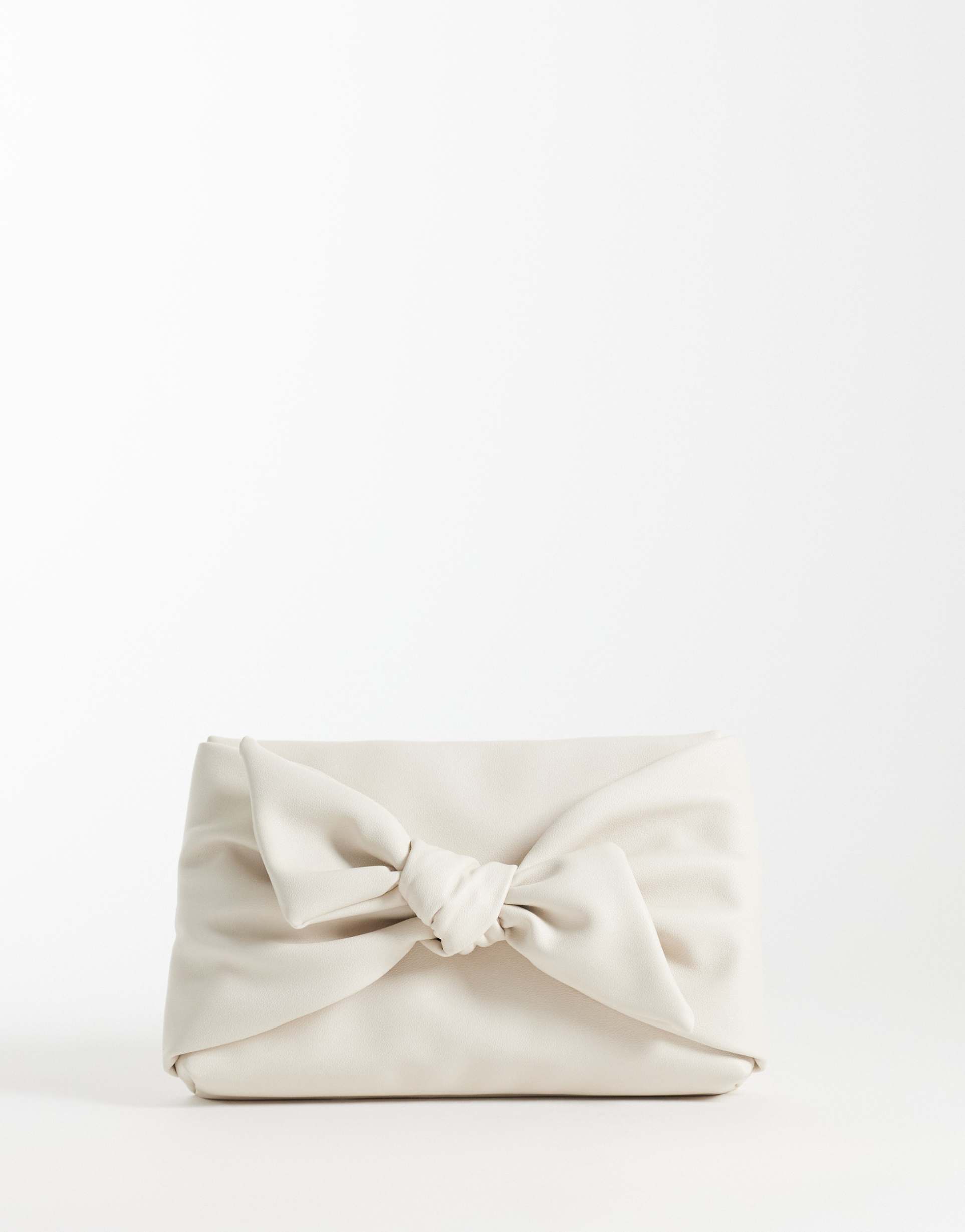 asos design large bow front clutch bag in light stone