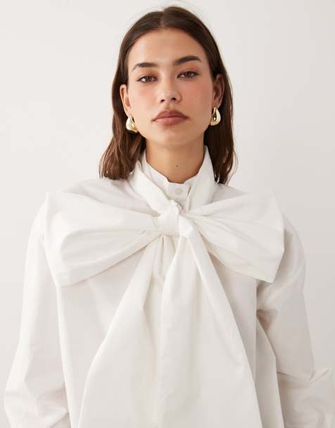 ASOS DESIGN large bow tie neck shirt in white - view 1