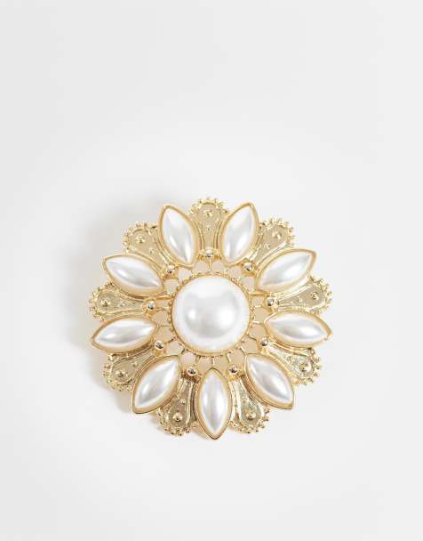 ASOS DESIGN large brooch with faux-pearls in gold tone - view 1