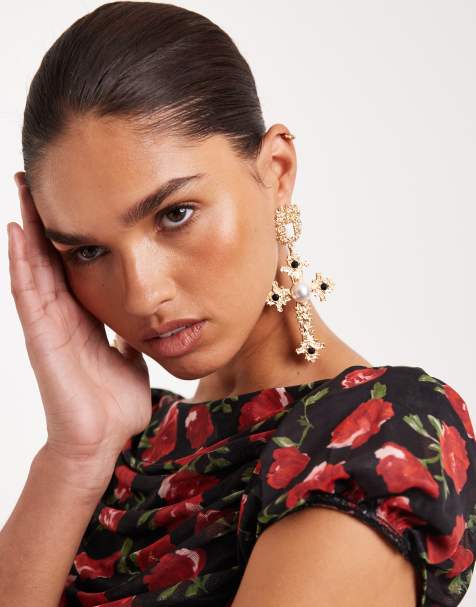 ASOS DESIGN large cross earrings with stone details and faux pearls in gold tone - view 1