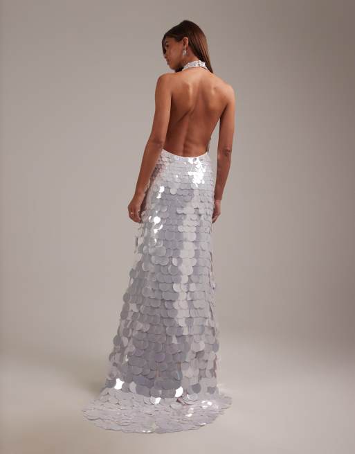 ASOS DESIGN large disc sequin plunge neck halter maxi wedding dress in white, 3 of 6