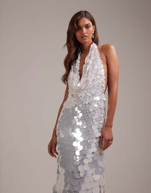 ASOS DESIGN large disc sequin plunge neck halter maxi wedding dress in white, 5 of 6