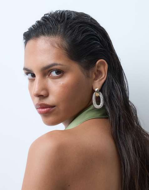 ASOS DESIGN large door-knocker earrings with diamante detail in gold tone - view 1