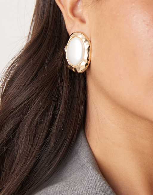 ASOS DESIGN large earring with molten faux-pearl stone setting in gold tone