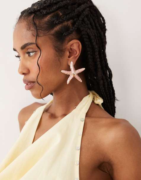 ASOS DESIGN large earrings with starfish design in pink and gold tone - view 1