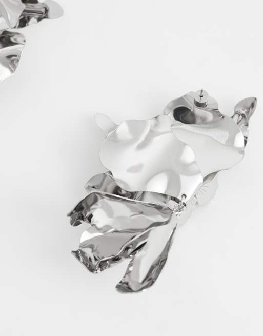 ASOS DESIGN large floral earrings in silver tone, 3 of 4