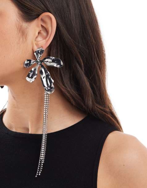 ASOS DESIGN large floral earrings with crystal waterfall details in silver tone - view 1