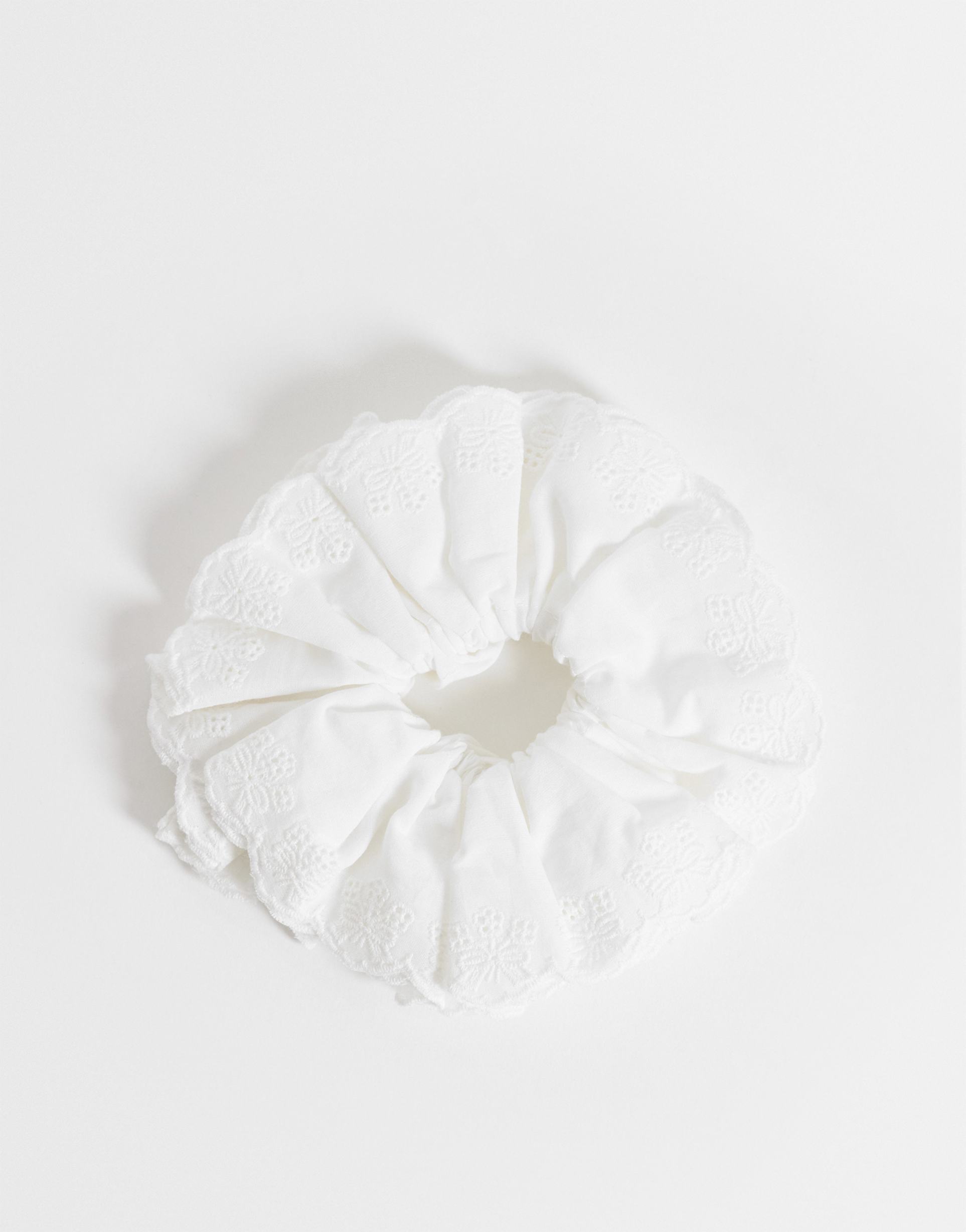 asos design large frilled scrunchie in white eyelet