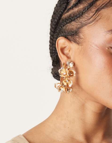 ASOS DESIGN large hoop earrings with floral design in gold tone - view 1