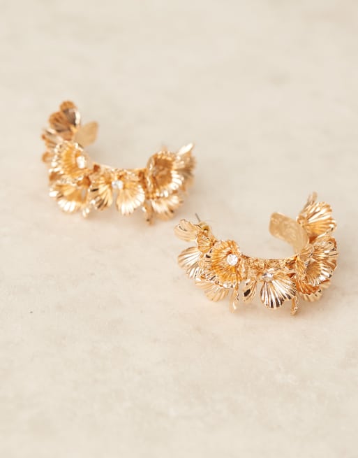 ASOS DESIGN large hoop earrings with floral design in gold tone, 2 of 3