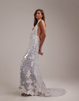 Asos Design Large Paillette Sequins Plunge Halter Neck Wedding Maxi Dress In White