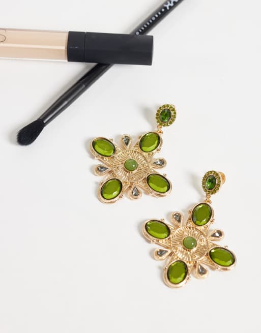 ASOS DESIGN large pendant earrings with ecclesiastic green stones in gold tone, 2 of 4