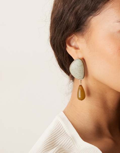 ASOS DESIGN large pendant earrings with stone details in green and blue tone - view 1