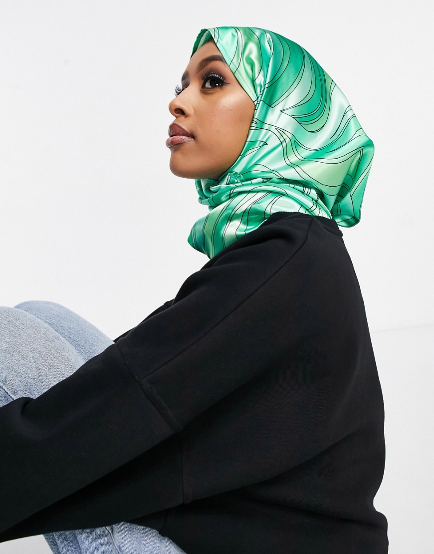 ASOS DESIGN large polysatin headscarf in green marble print