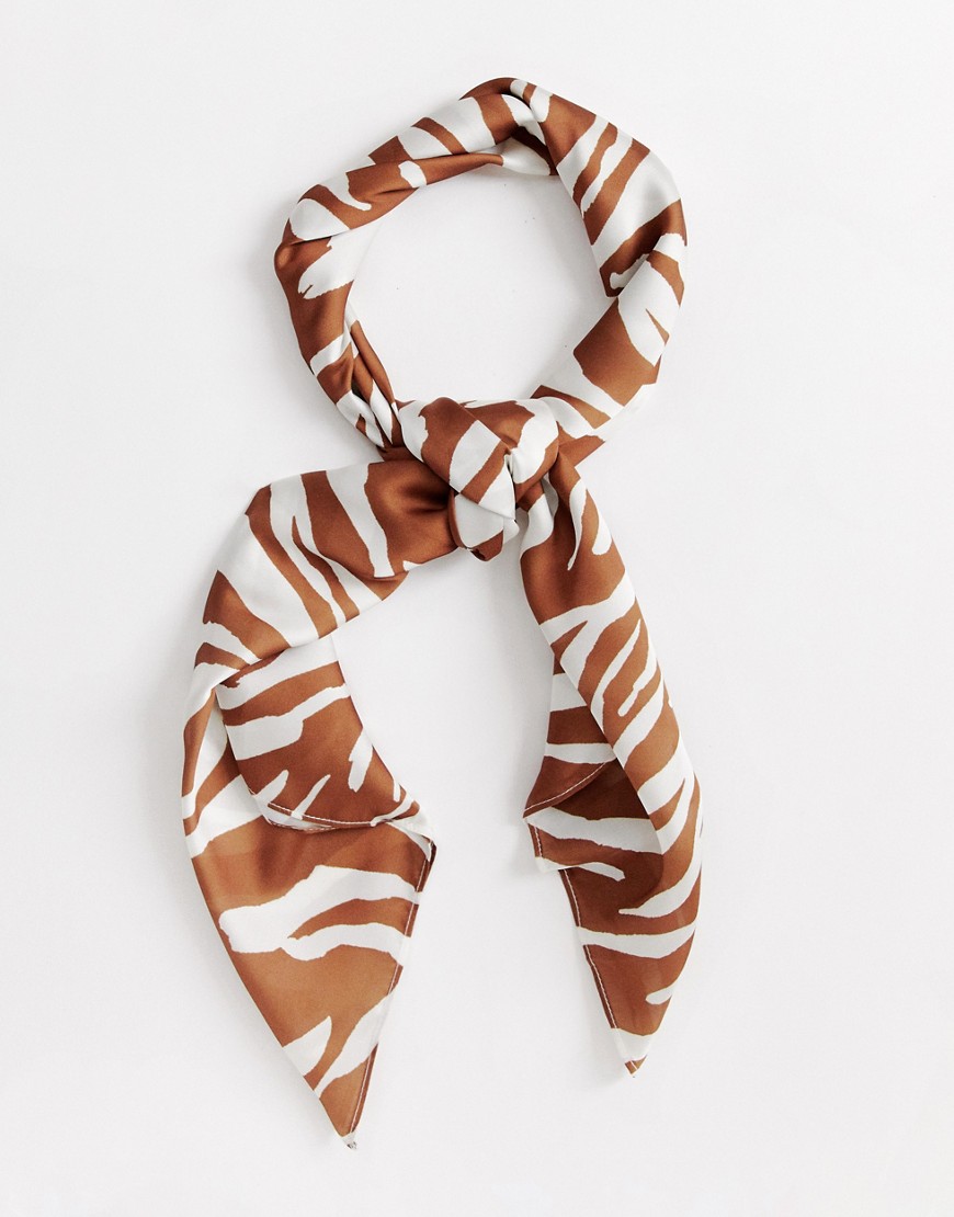 ASOS DESIGN large polysatin headscarf/neckscarf in brown zebra print-Multi