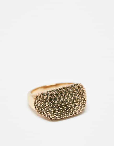ASOS DESIGN large ring with green pave crystals in gold tone - view 1