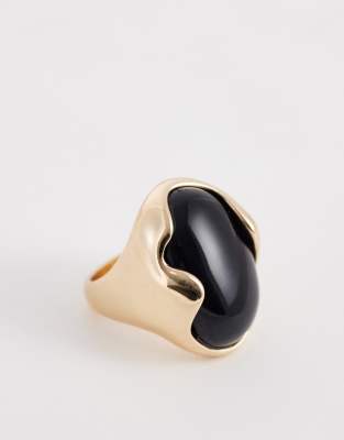 Asos Design Large Ring With Statement Black Faux-stone Setting In Gold