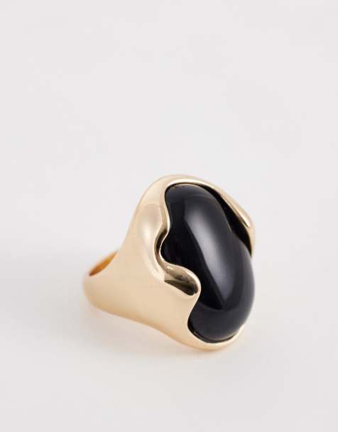 ASOS DESIGN large ring with statement black faux-stone setting in gold tone - view 1