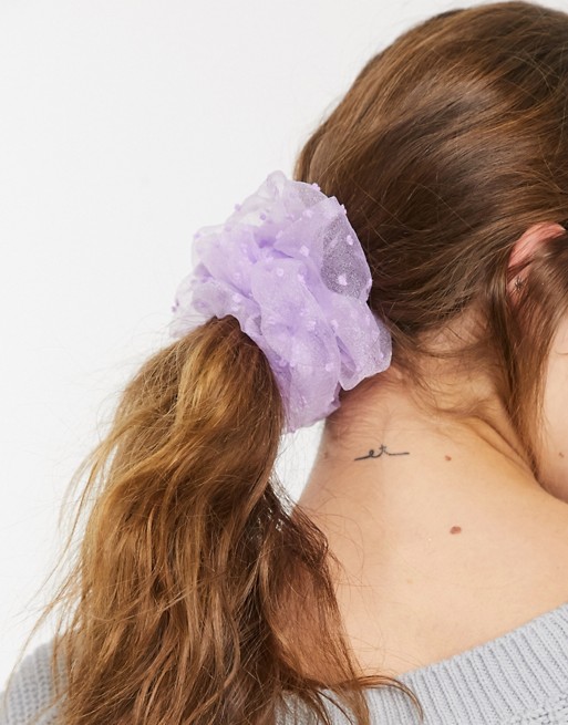ASOS DESIGN large scrunchie in spotty organza in lilac purple