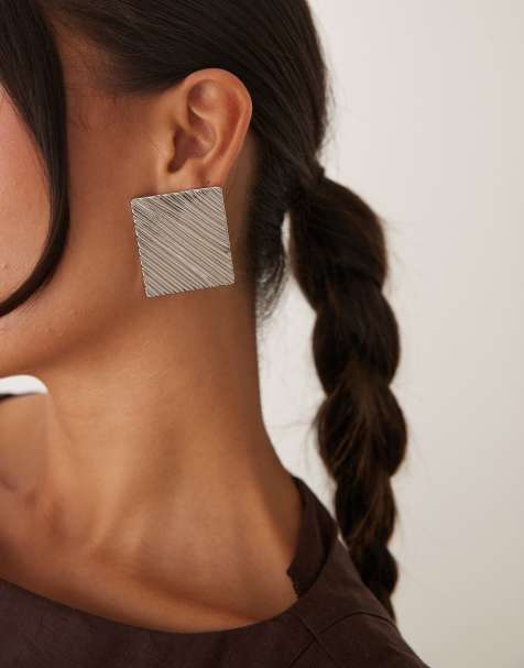 ASOS DESIGN large square stud earrings with ridged detail in silver tone - view 1