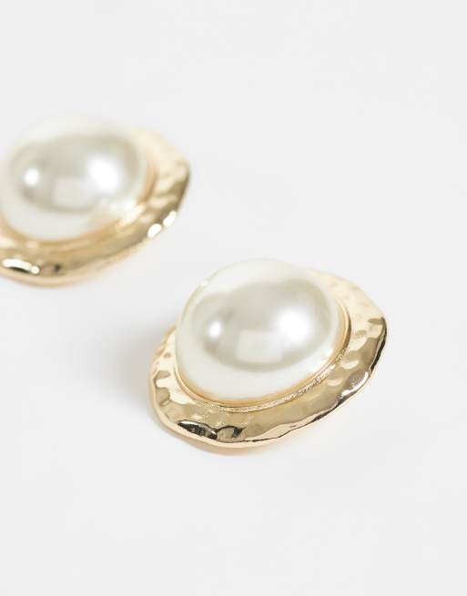 ASOS DESIGN large statement stud earrings with faux pearl center in gold tone, 3 of 4