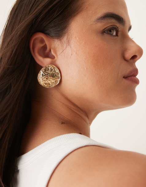 ASOS DESIGN large stud earrings in circular design in textured gold tone - view 1
